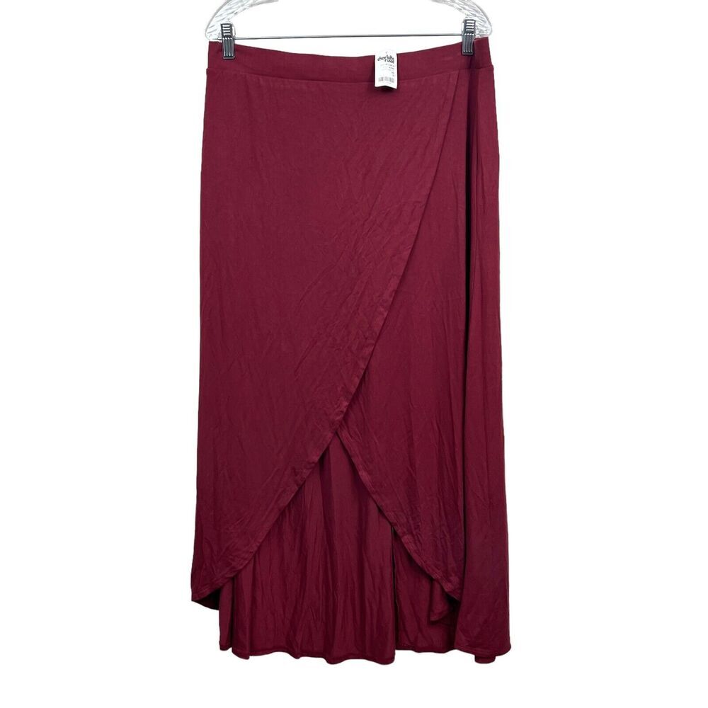 Charlotte Russe Womens Maxi Skirt Stretch Faux Wrap Open Front Maroon Size 1X*